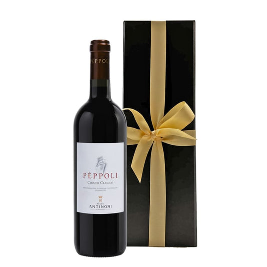 Peppoli Chianti Classico DOCG Antinori wine in black luxury gift box with ribbon