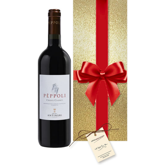Peppoli Chianti Classico hand gift-wrapped in Classic Gold wrap with an A Little Luxury gift tag