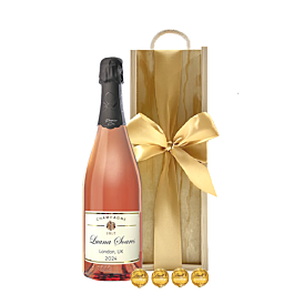 Personalised Rosé Champagne & Swiss Truffles, Wooden Box