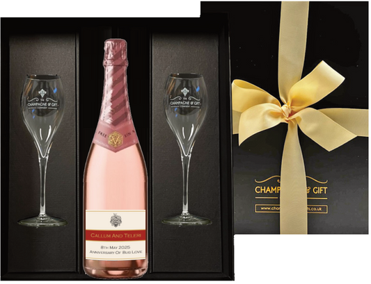 Personalised Non-Alcoholic Rosé Cava & Flutes Gift Box