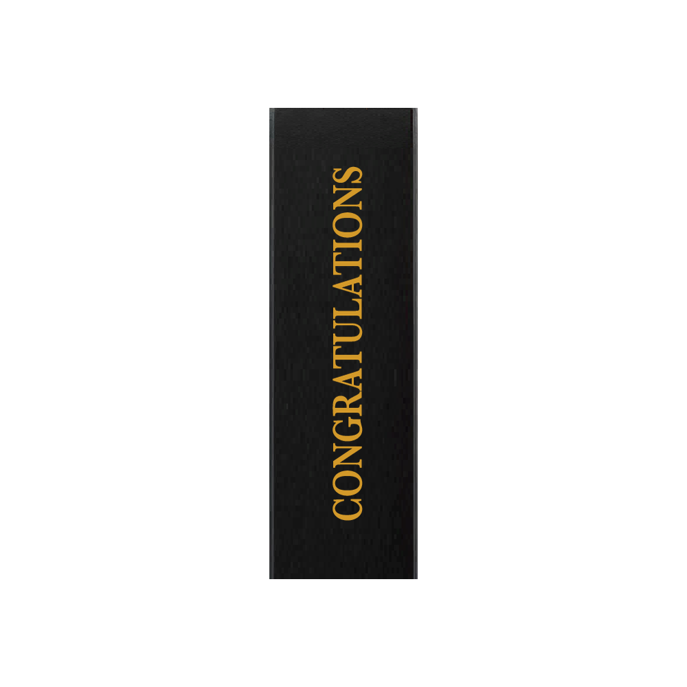 Black gift box with CONGRATULATIONS in gold lettering running up the front
