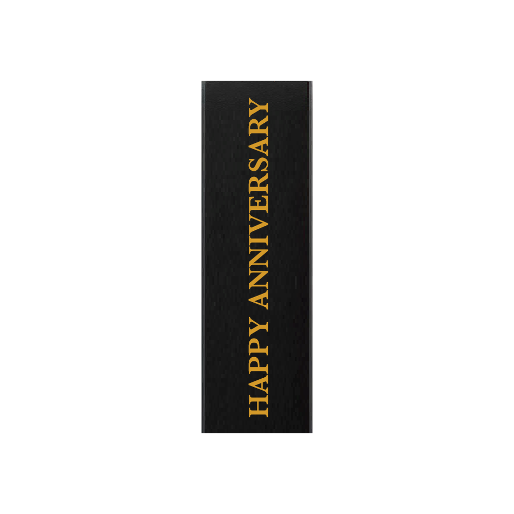 Black gift box with HAPPY ANNIVERSARY in gold lettering running up the front