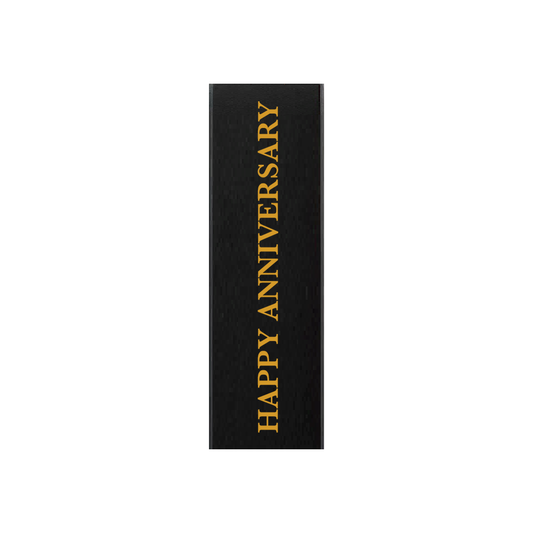 Black gift box with HAPPY ANNIVERSARY in gold lettering running up the front