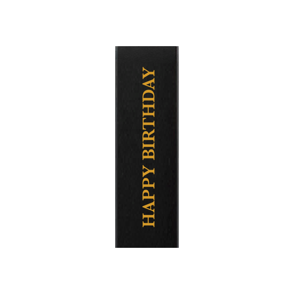 Black gift box with HAPPY BIRTHDAY in gold lettering running up the front