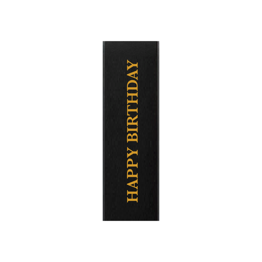 Black gift box with HAPPY BIRTHDAY in gold lettering running up the front