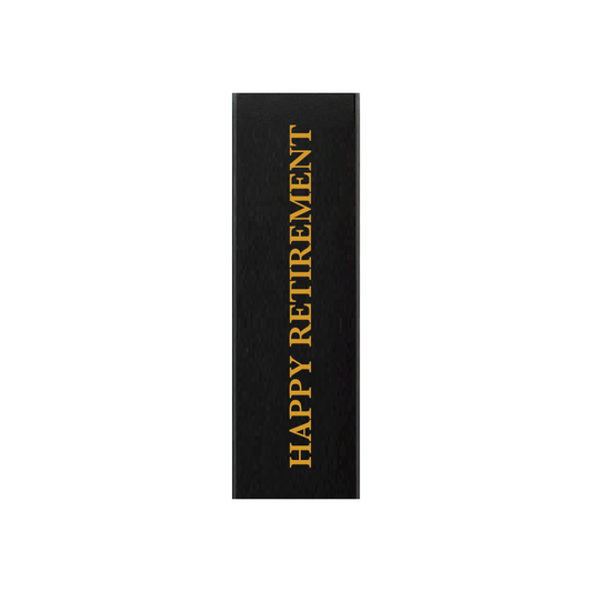 Black gift box with HAPPY RETIREMENT in gold lettering running up the front