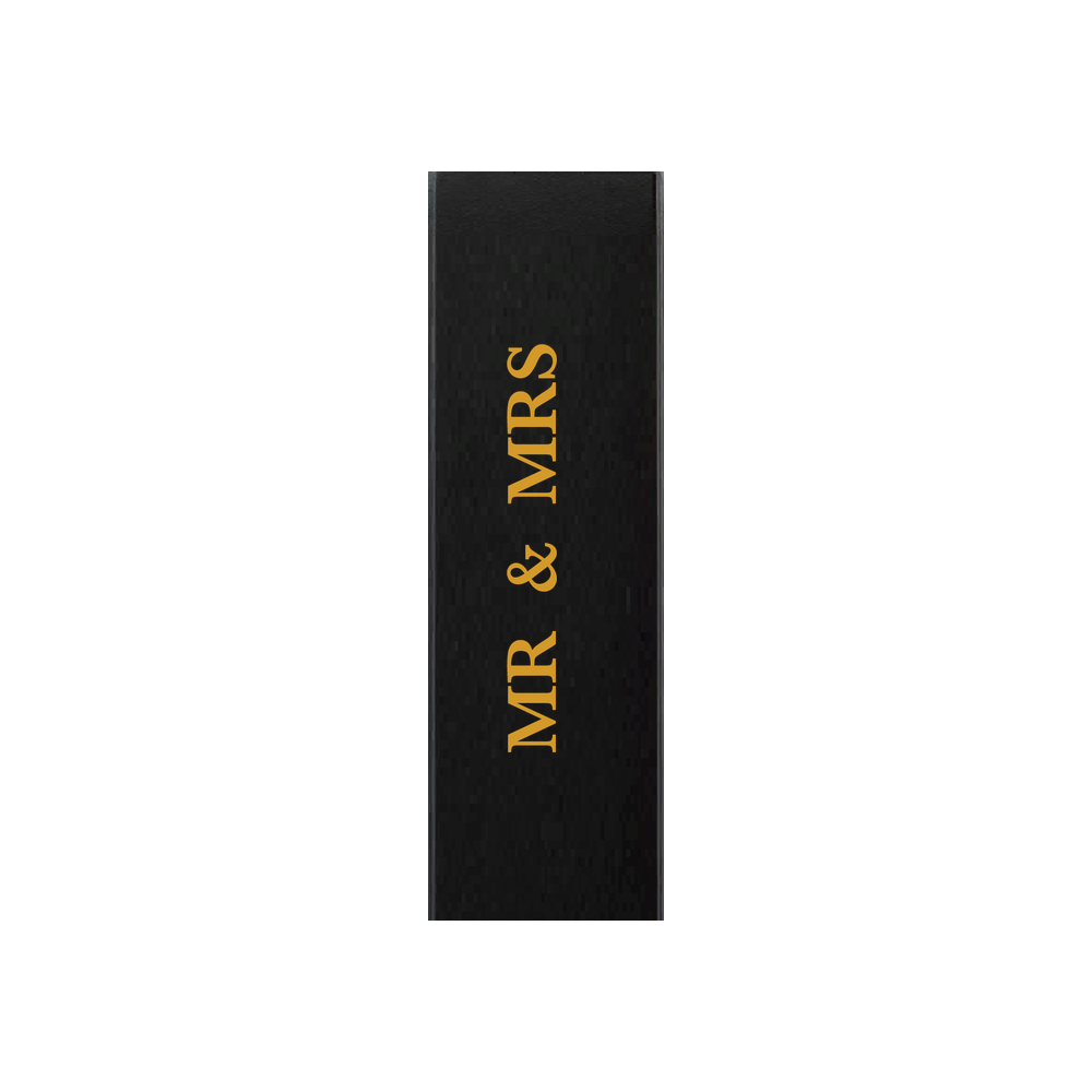 Black gift box with MR & MRS in gold lettering running up the front