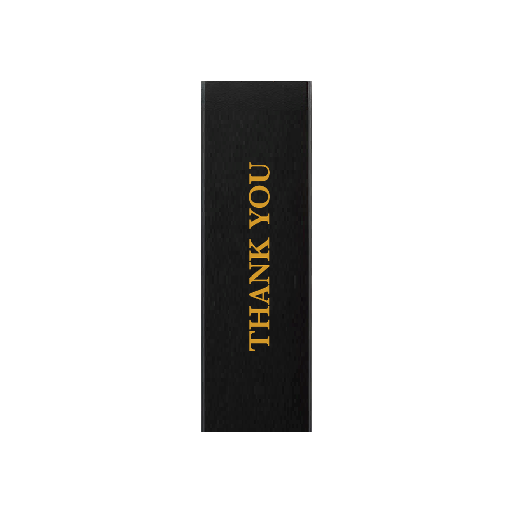 Black gift box with THANK YOU in gold lettering running up the front