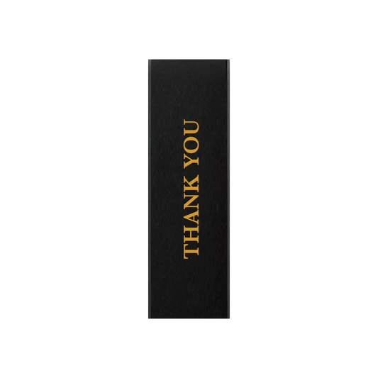 Black gift box with THANK YOU in gold lettering running up the front