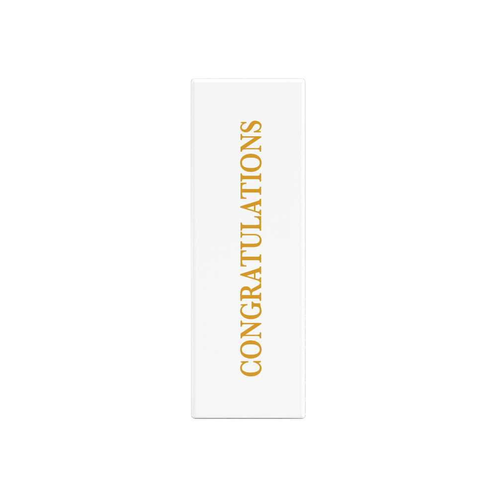 White gift box with CONGRATULATIONS in gold lettering running up the front