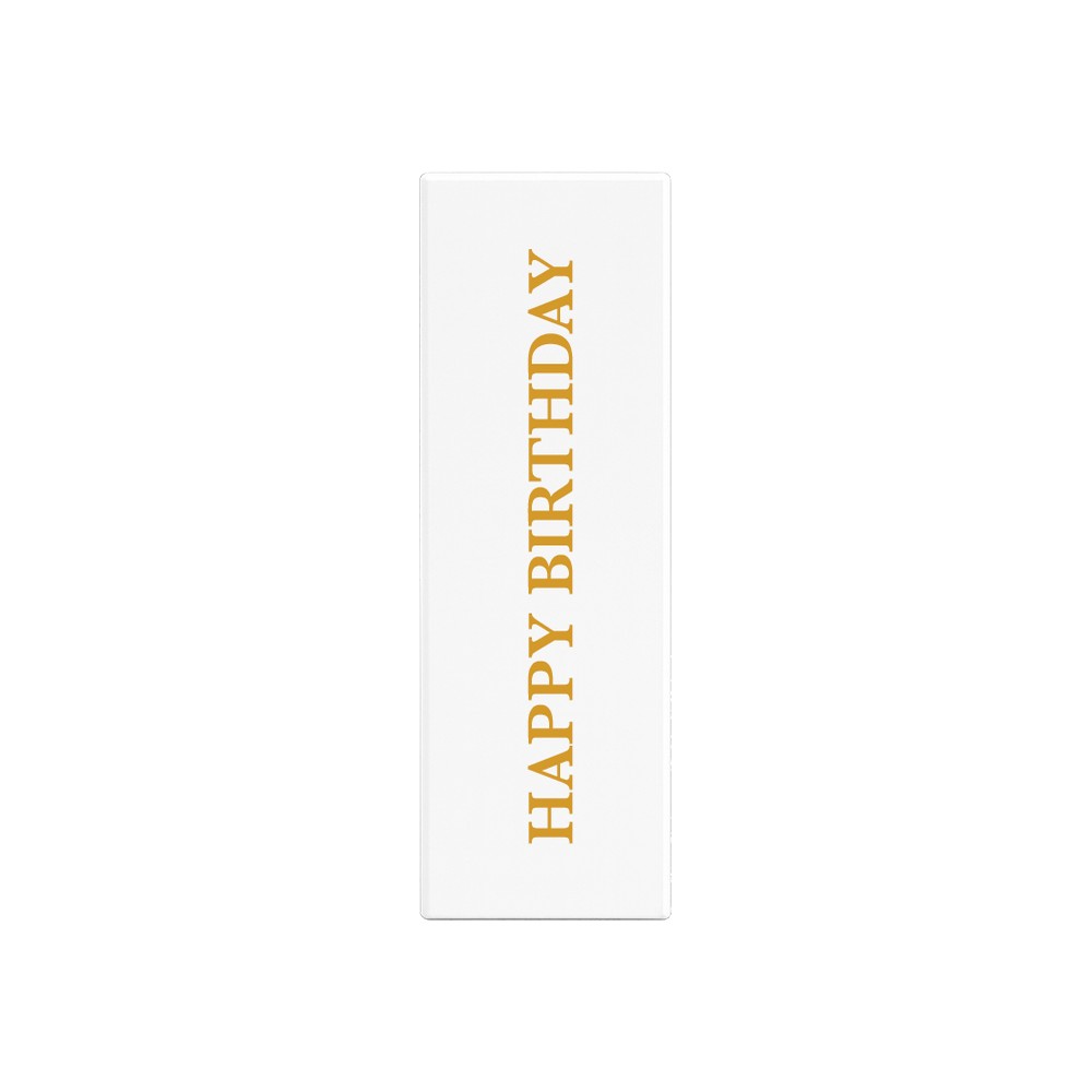 White gift box with HAPPY BIRTHDAY in gold lettering running up the front