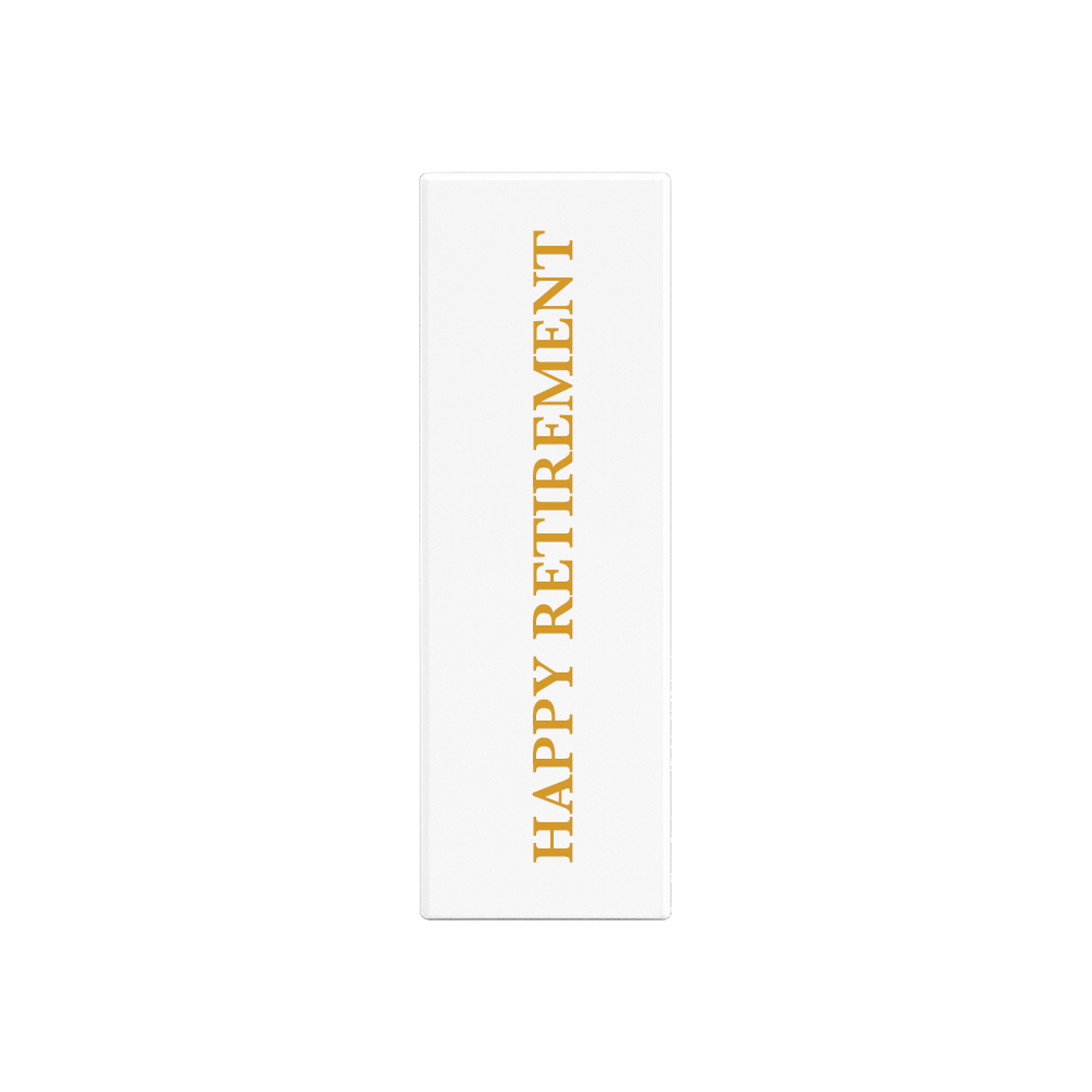 White gift box with HAPPY RETIREMENT in gold lettering running up the front