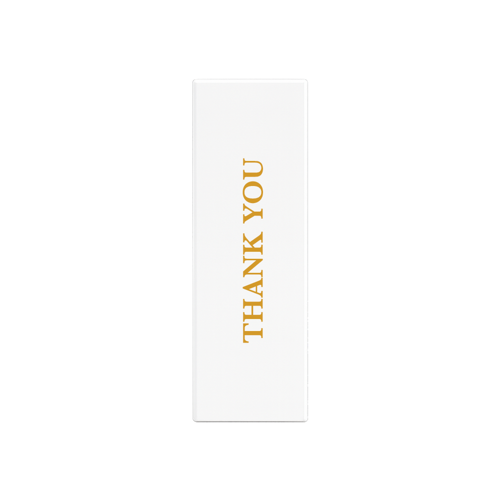 White gift box with THANK YOU in gold lettering running up the front