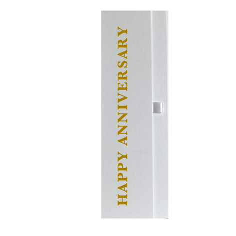 White luxury gift box printed with Happy Anniversary in gold lettering
