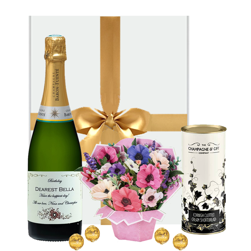 Personalised Champagne with flowers, a card, chocolates and biscuits