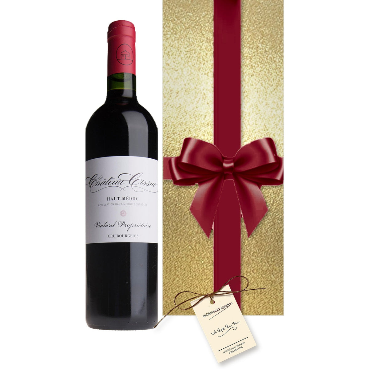 Personalised Château Cissac, Haut-Médoc hand gift-wrapped in Classic Gold wrap with an A Little Luxury gift tag