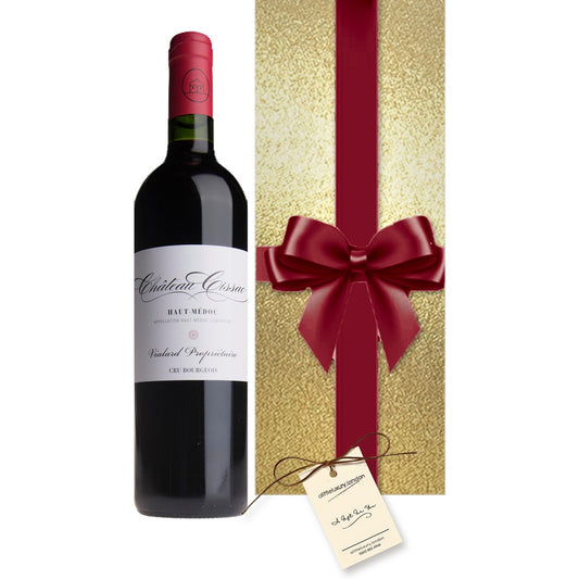 Personalised Château Cissac, Haut-Médoc hand gift-wrapped in Classic Gold wrap with an A Little Luxury gift tag