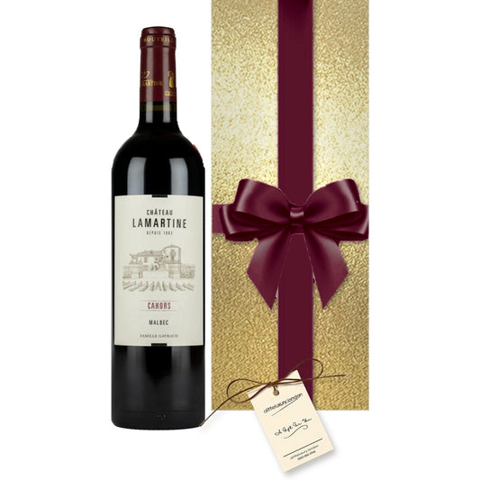 Personalised Château Lamartine Malbec, Cahors hand gift-wrapped in Classic Gold wrap with an A Little Luxury gift tag