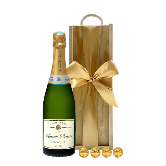 Personalised Champagne and Swiss truffles in a wooden gift box