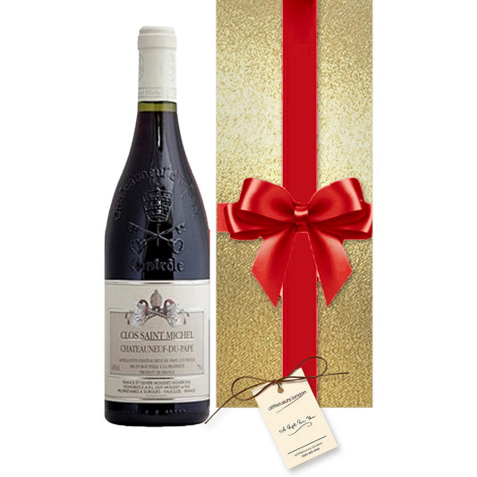 Personalised Clos Saint Michel Châteauneuf-du-Pape hand gift-wrapped in Classic Gold wrap with an A Little Luxury gift tag