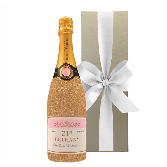 Personalised Gold Glitter Champagne Bottle Gift -  In Soft Gold Presentation Box