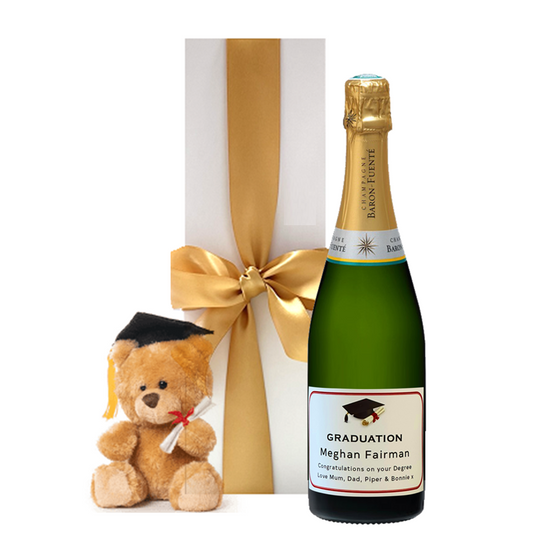 Personalised for a graduation gift with name and message. Champagne and graduation teddy bear with a white gift box.