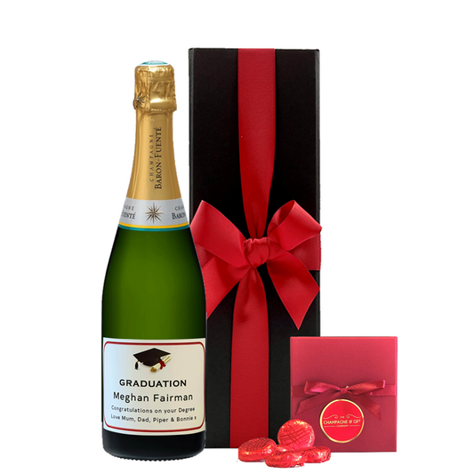 Personalised for a graduation gift with name and message. Classic Cuvée Champagne with a luxury black gift box.