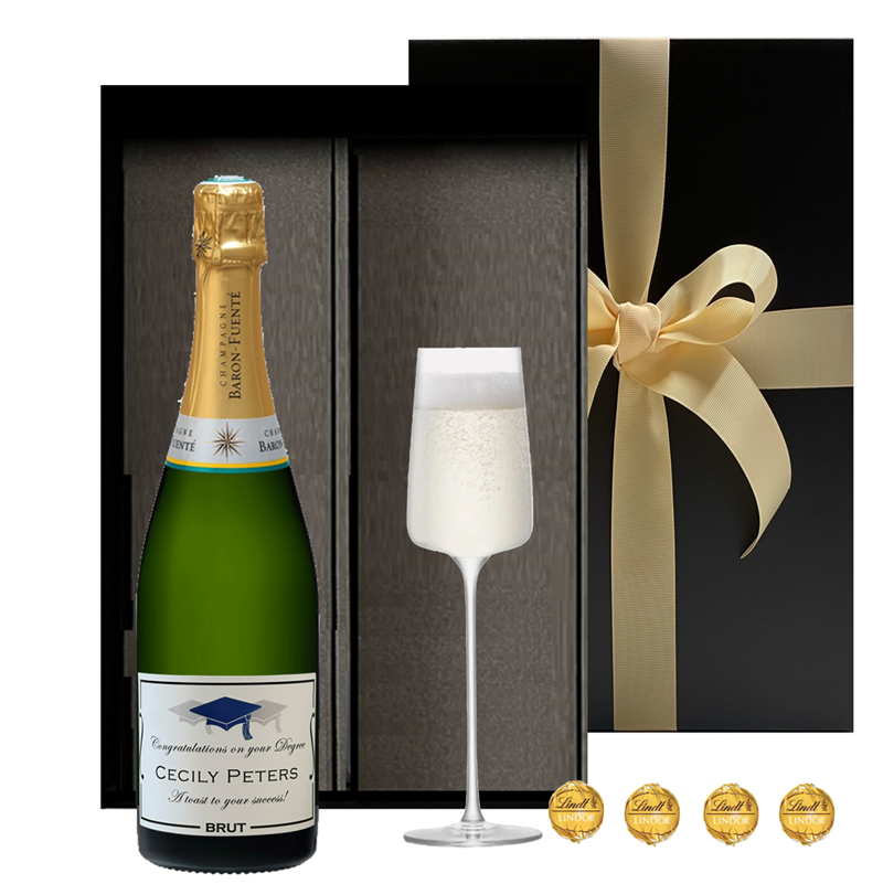 Personalised for a graduation gift with name and message. Champagne with an LSA crystal flute and Swiss truffles.