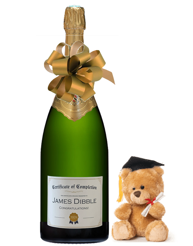 Personalised for a graduation gift with name and message. Champagne magnum, graduation teddy bear and white gift box.