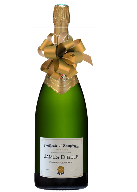 Personalised for a graduation gift with name and message. Classic Cuvée Champagne magnum with its label.