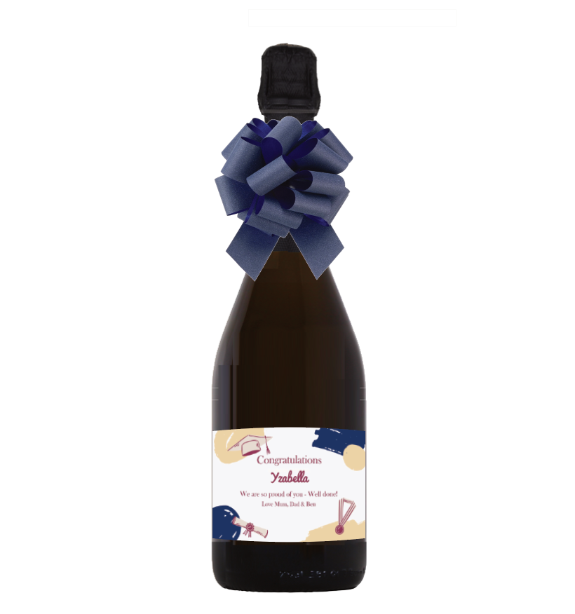 Personalised for a graduation gift with name and message. Prosecco bottle with a graduation label.