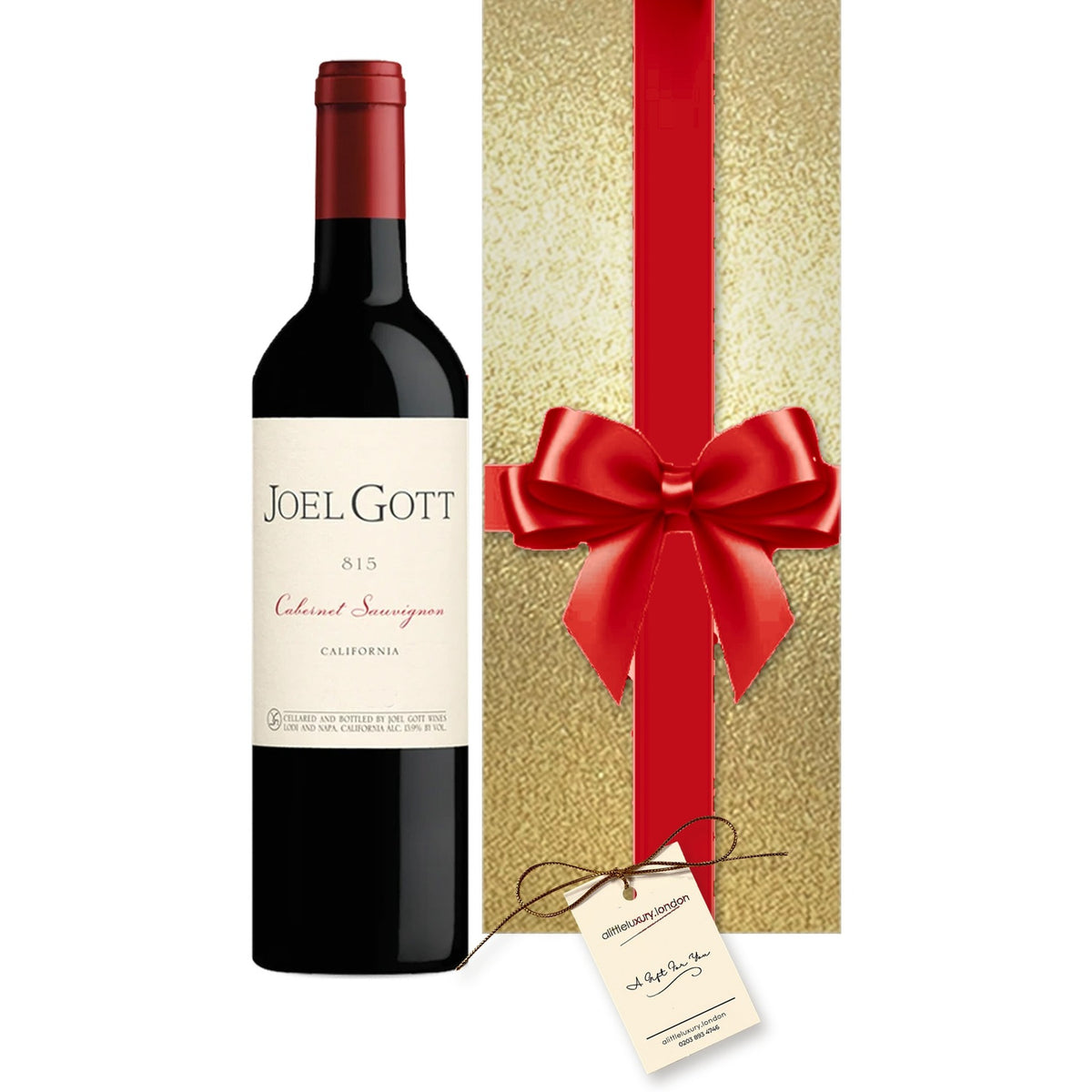 Personalised Joel Gott 815 Cabernet Sauvignon hand gift-wrapped in Classic Gold wrap with an A Little Luxury gift tag