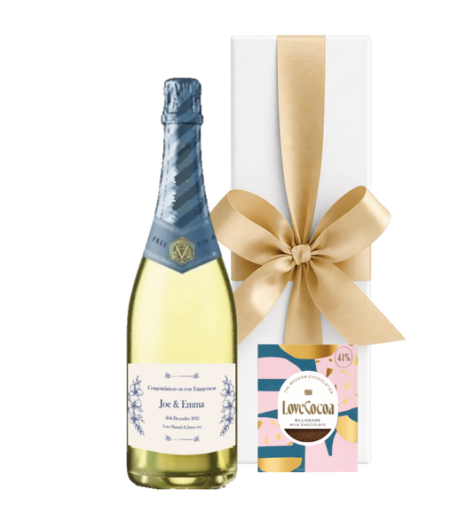 Personalised Non-Alcoholic Cava in White Box – with Billionaire's Chocolate