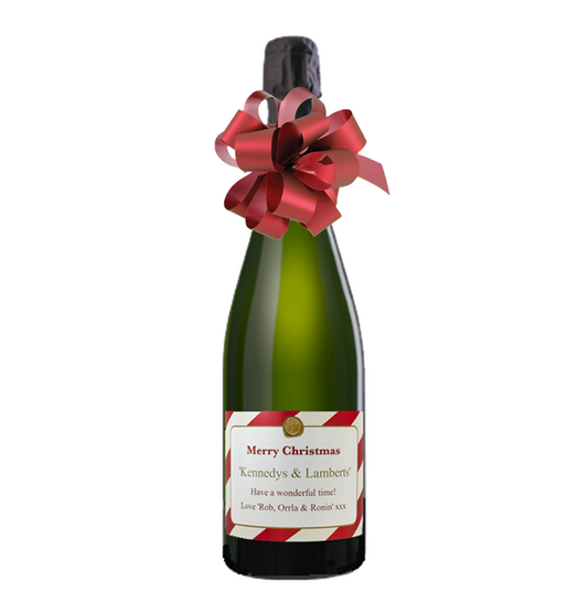 Personalised Premier Cru Champagne by Autreau with festive label, black foil neck and hand-tied Christmas bow