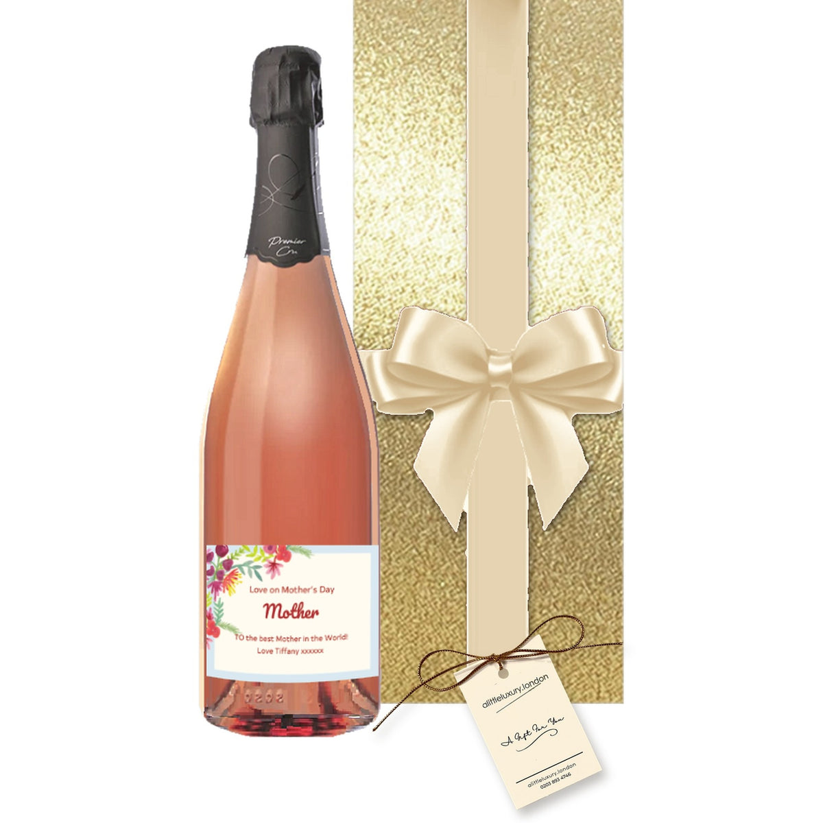 Personalised 1er Cru Rosé Champagne with Mother's Day label, gift-wrapped in Classic Gold wrap with a gift tag