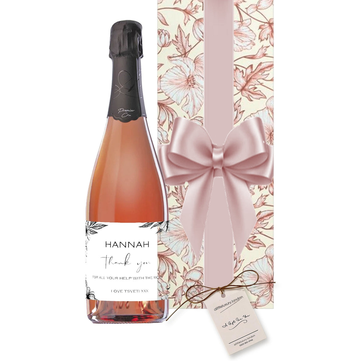 Personalised Premier Cru Rosé Champagne gift-wrapped in Soft Shades wrap with an A Little Luxury gift tag