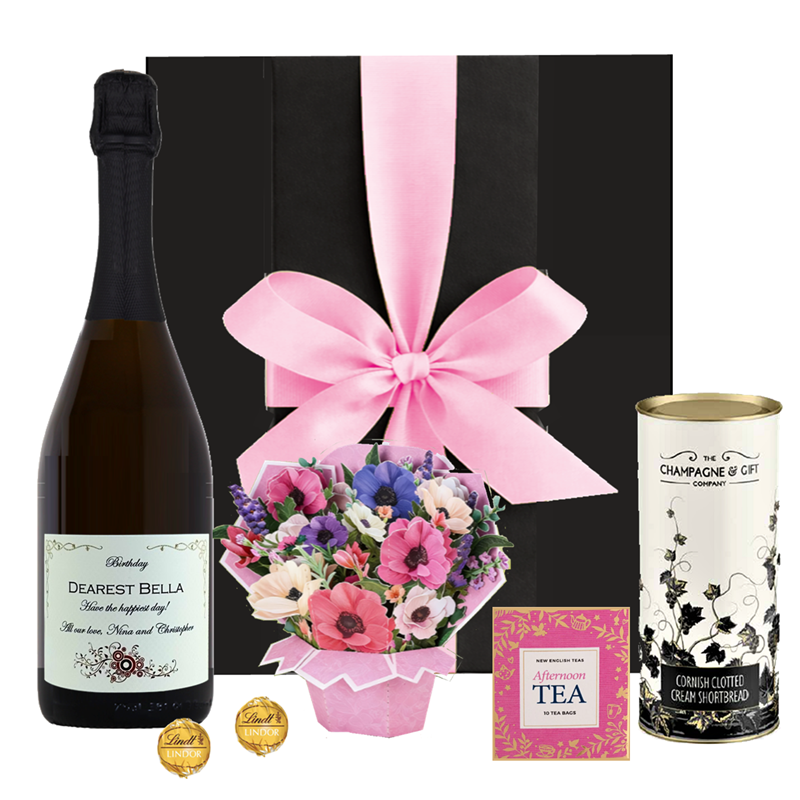 Personalised Prosecco, Tea & Biscuits Hamper with Flower Card