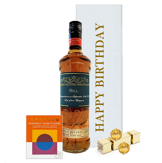 Personalised blended Scotch whisky with a honeycomb chocolate bar and Swiss truffles in a white Happy Birthday gift box