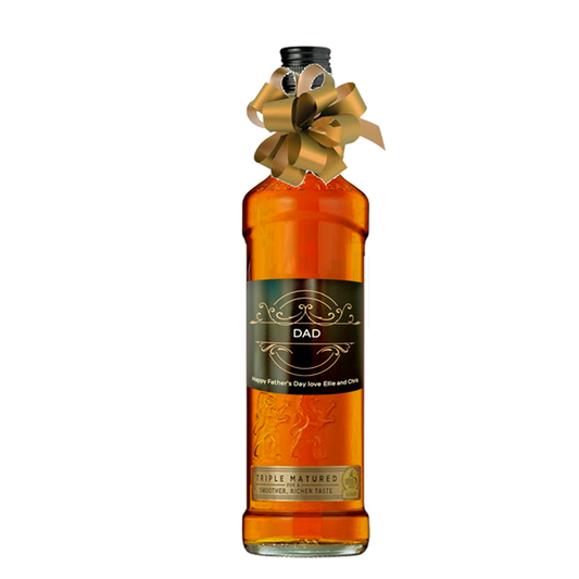 Bottle of personalised triple matured blended Scotch whisky with a custom name and message label, finished with a bow