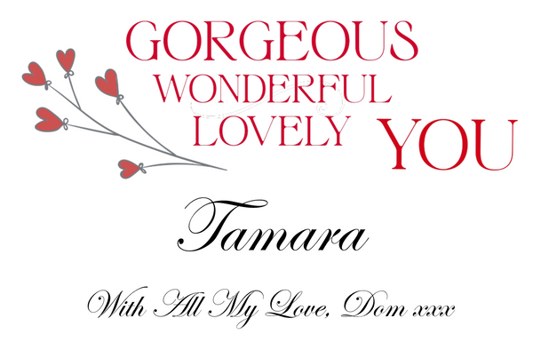 Romantic Champagne label with red tulips and 'Gorgeous, Wonderful, Lovely You', a name in flowing script
