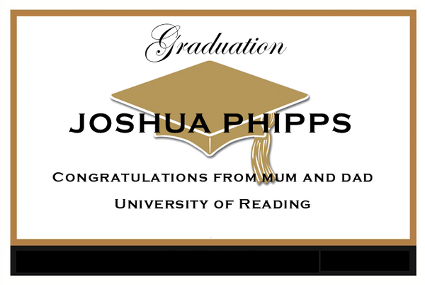 Gold graduation Champagne label with a gold border, gold mortarboard and the graduate's name in bold