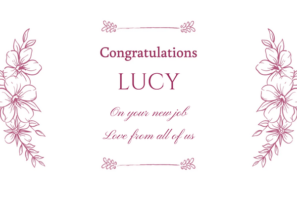 Congratulations Champagne label with pink hand-drawn flowers on white, a name and a heartfelt script message