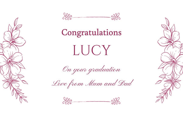 Graduation Champagne label with 'Congratulations', pink hand-drawn flowers and a proud script message
