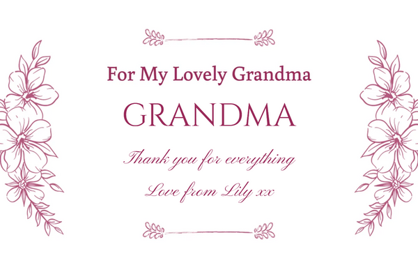 For My Lovely Grandma champagne label with pink hand-drawn florals on white and script message