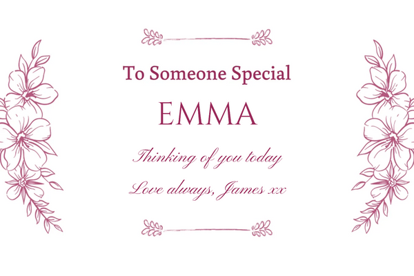 To Someone Special champagne label with pink hand-drawn florals on white and script message