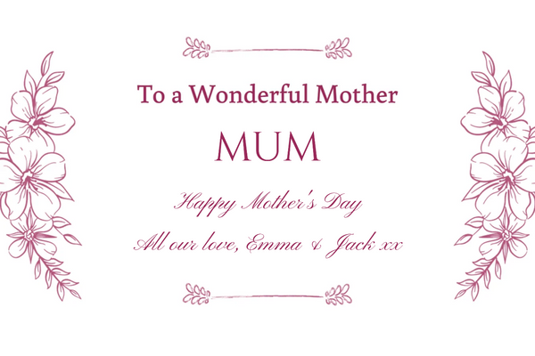 'To a Wonderful Mother' Champagne label with pink hand-drawn flowers – a beautiful Mother's Day or birthday gift