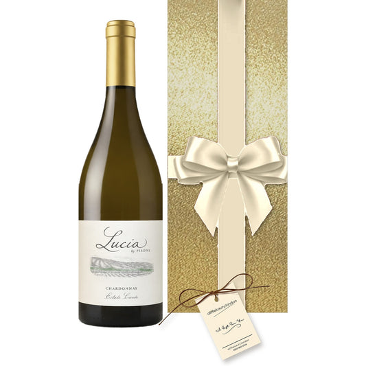 Pisoni Lucia Estate Cuvée Chardonnay hand gift-wrapped in Classic Gold wrap with an A Little Luxury gift tag