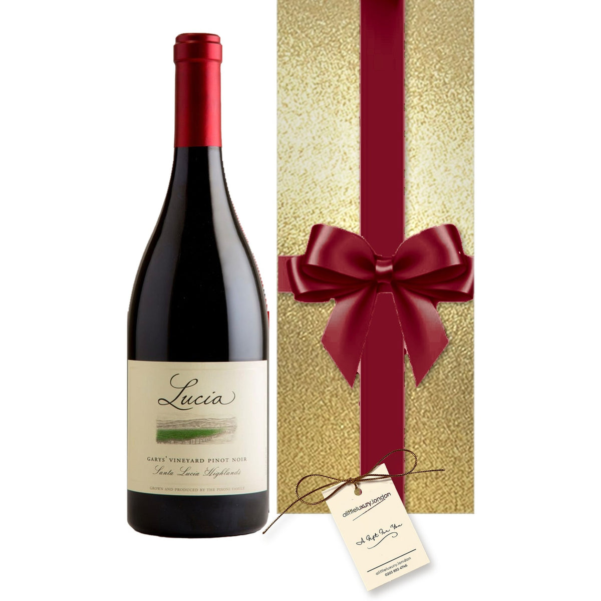 Pisoni Lucia Garys' Vineyard Pinot Noir 2021 hand gift-wrapped in Classic Gold wrap with an A Little Luxury gift tag