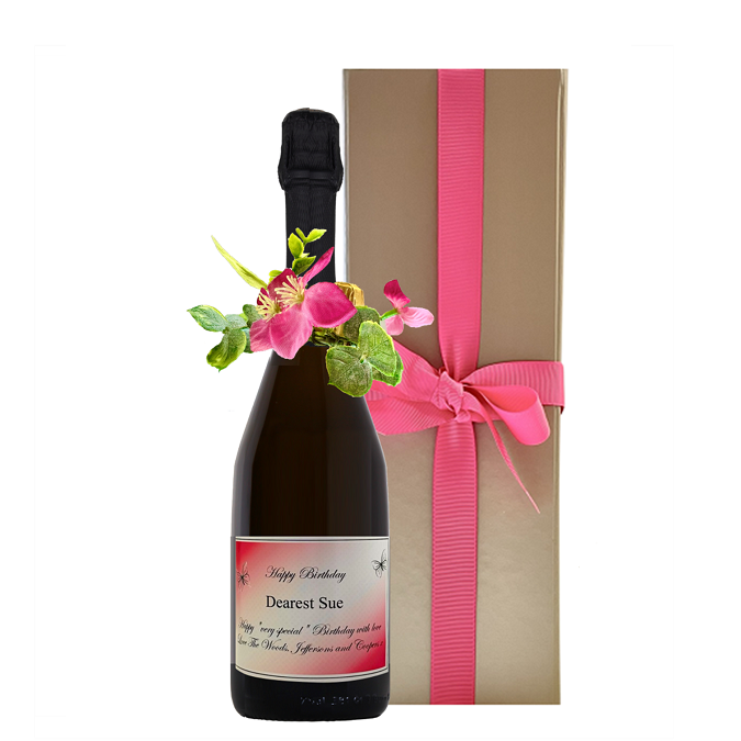 "Amelie" Personalised Prosecco with Flower Ring - Presented in a Gold Box