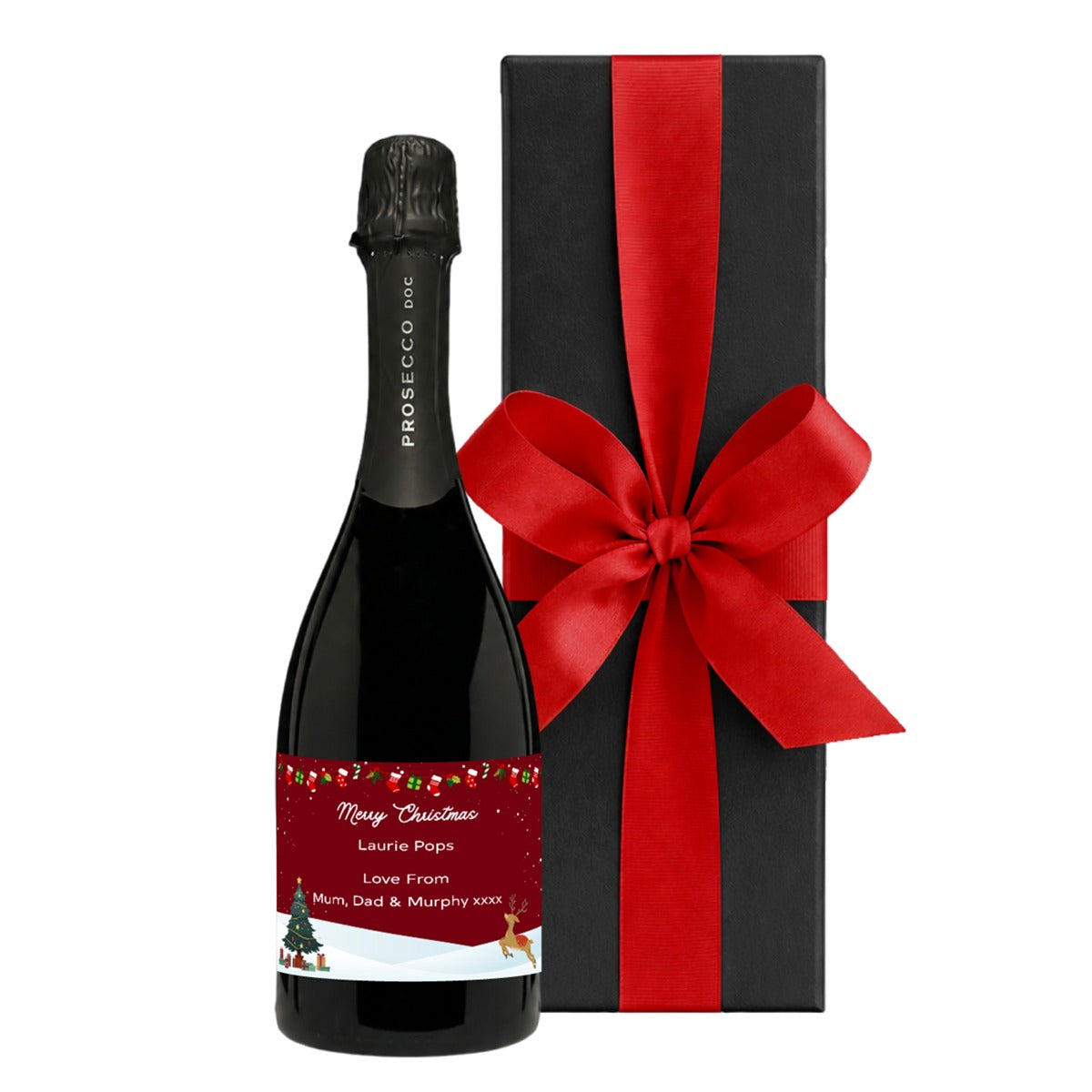 Personalised Christmas Prosecco with festive label and hand-tied bow in a luxury black gift box with large ribbon